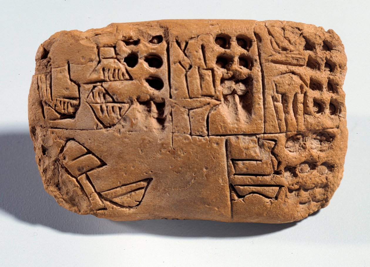 Mesopotamia: raakamaataulu, jossa nuolenpääkirjoitus. Sumerin alue. 3300 eKr. Pariisi, Musee du Louvre tekijältä Mesopotamian School