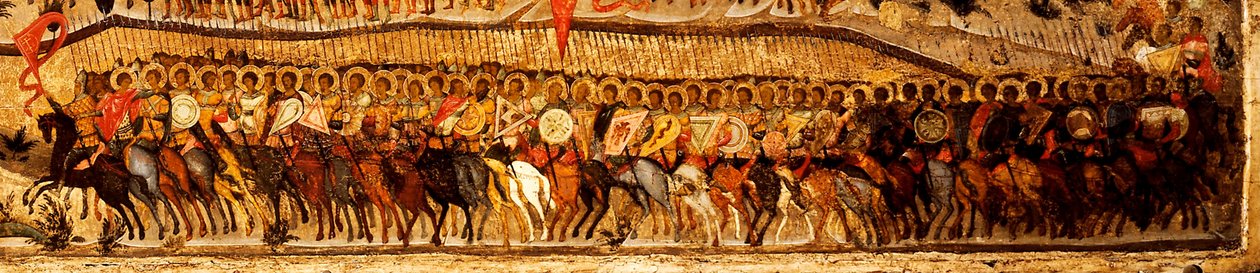 Siunattu taivaan kuninkaan isäntä Yksityiskohta: Aleksanteri Nevskin ja Pyhän Yrjön johdolla alemmat soturit, 1550-luku tekijältä Metropolitan of Moscow Athanasius
