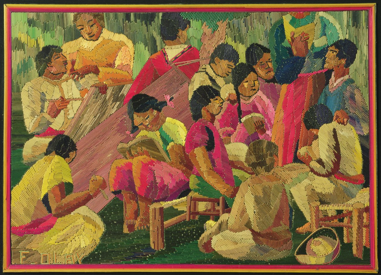 Meksikolainen kyläkohtaus (värillinen olkimaalaus) tekijältä Mexican School