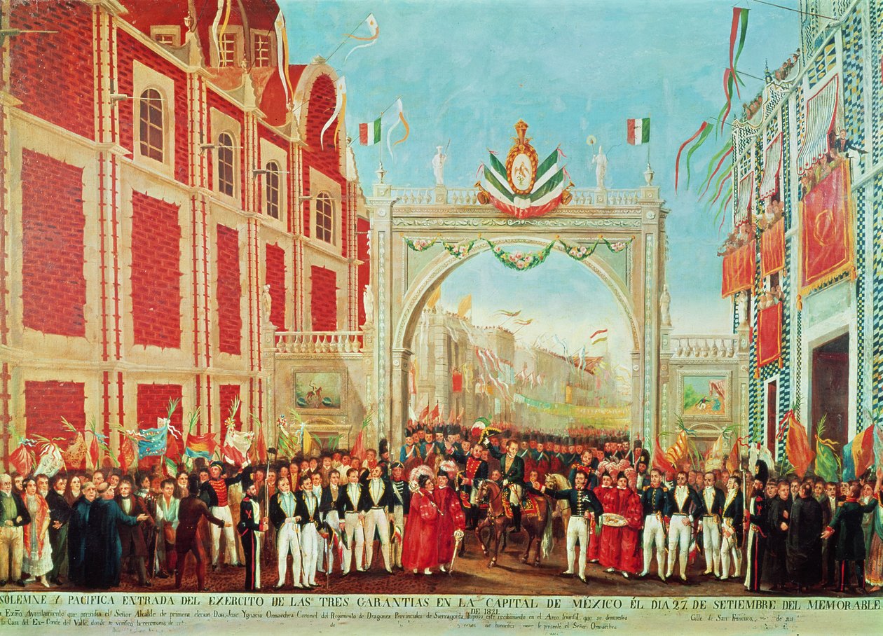 Kolmen takuun armeijan juhlallinen ja rauhanomainen saapuminen Mexico Cityyn 27. syyskuuta 1821 tekijältä Mexican School