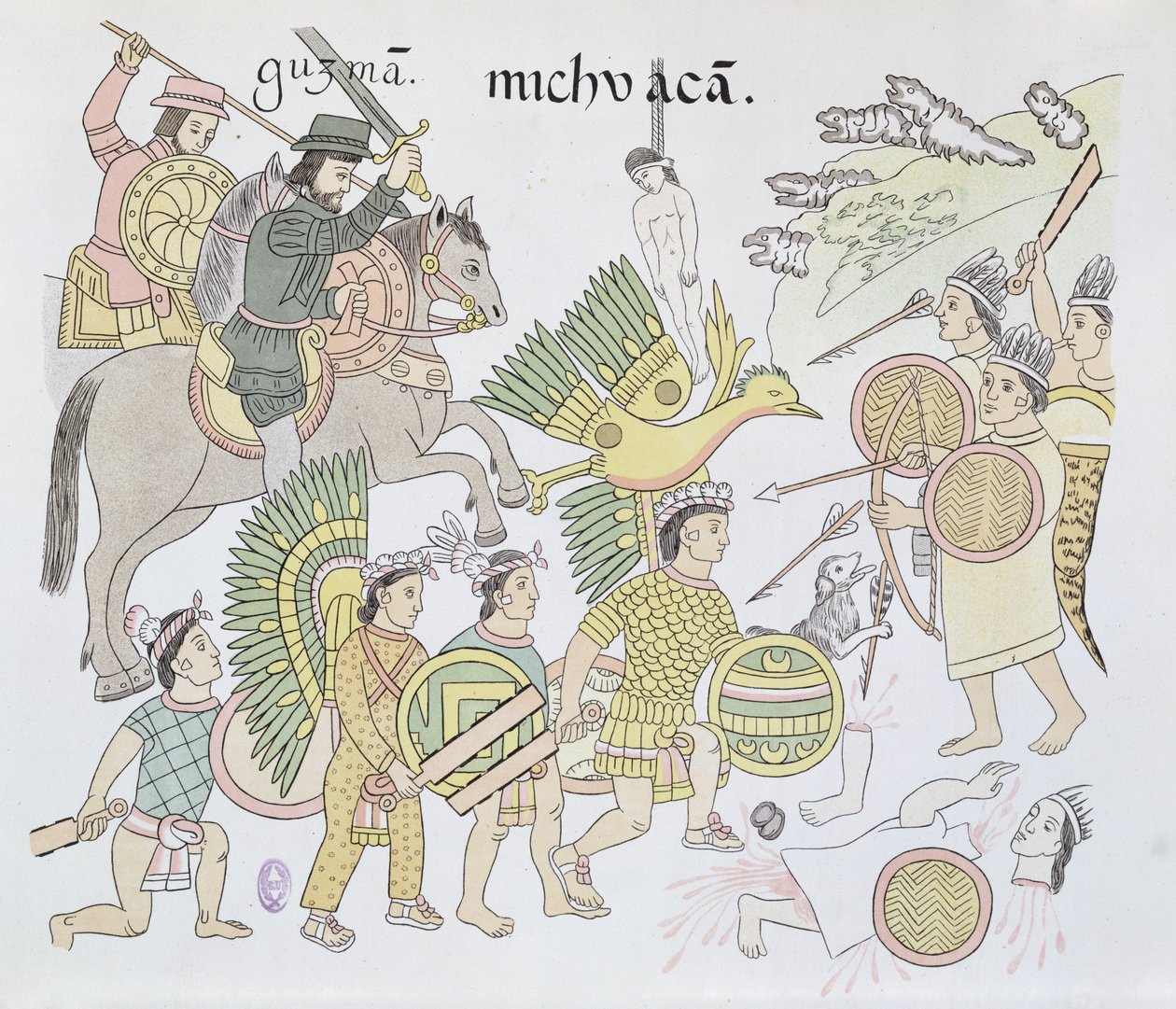 Michoacanin taistelu espanjalaisten ja atsteekkien välillä, kuva faksimilestä Meksikon intiaanien kuvahistoriasta Lienzo de Tlaxcala noin 1550, 1892 tekijältä Mexican School