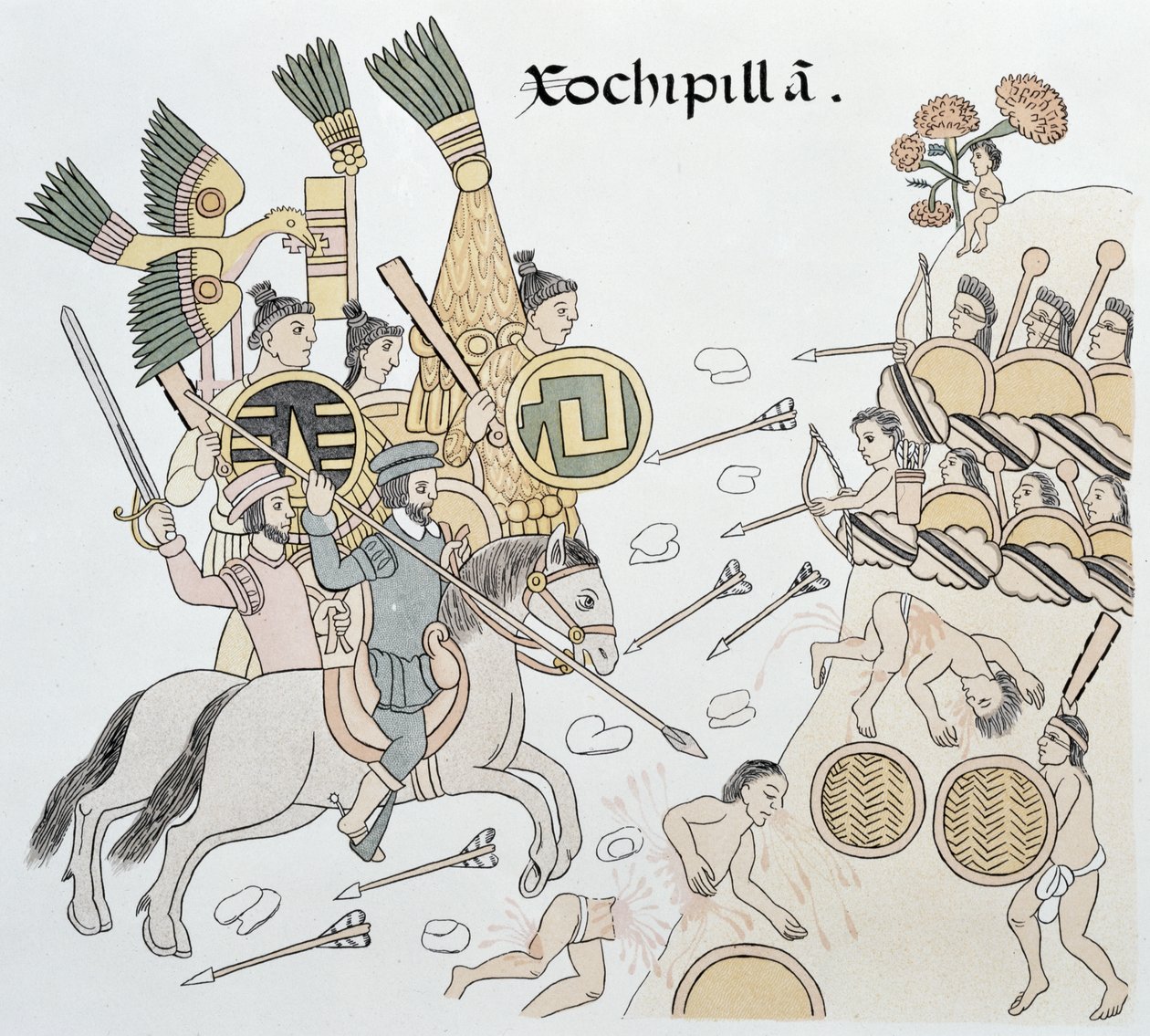 Xochipillan taistelu espanjalaisten ja atsteekkien välillä, kuva faksimilestä Meksikon intiaanien kuvahistoriasta Lienzo de Tlaxcala noin 1550, 1892 tekijältä Mexican School
