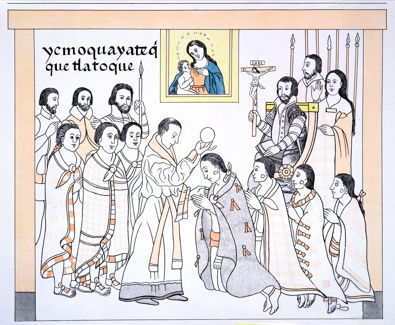 Caciques vastaanottamassa ehtoollista papilta Hernando Cortesin (1485-1547) talossa, kuva faksimilestä Meksikon intiaanien kuvahistoriasta Lienzo de Tlaxcala n. 1550, 1892 (väri valaistu tekijältä Mexican School