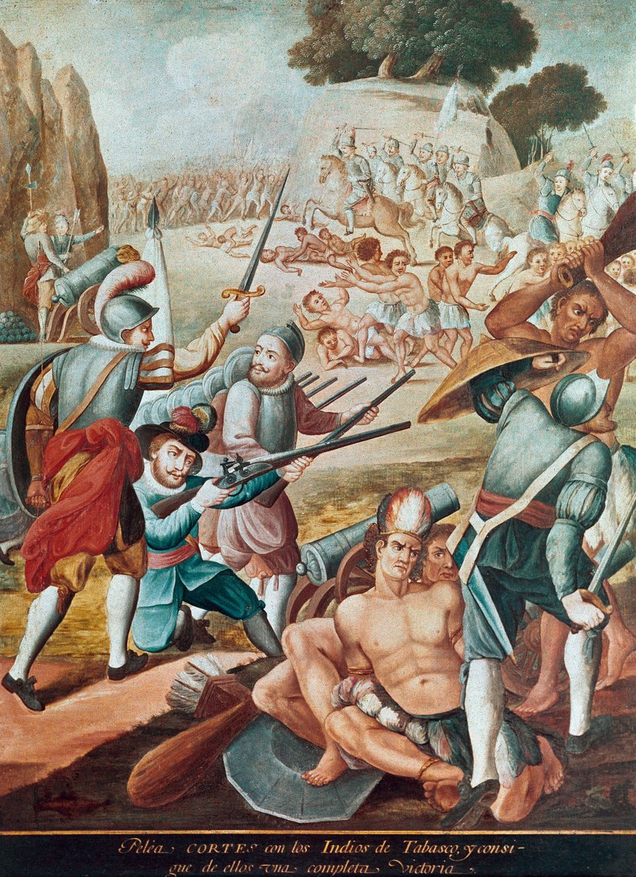 Conquesta de Mèxic: batalla enfrontant Hernando Cortes (Hernán Cortez) (1485-1547) als indis de Tabasco el 1519"" Pintura de l