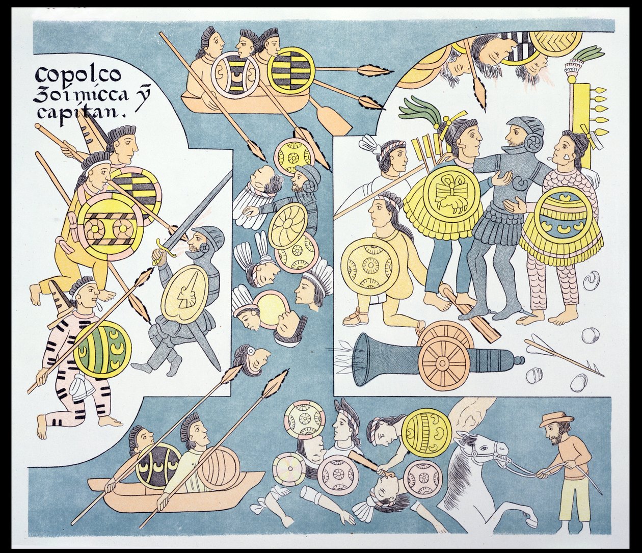 Viimeinen taistelu Hernando Cortesin (1485-1547) ja Cuauhtemocin välillä Tenochtitlanissa elokuussa 1521, kuva faksimileistä Meksikon intiaanien kuvahistoriasta Lienzo de Tlaxcala noin 1550, 1892 (colo) tekijältä Mexican School
