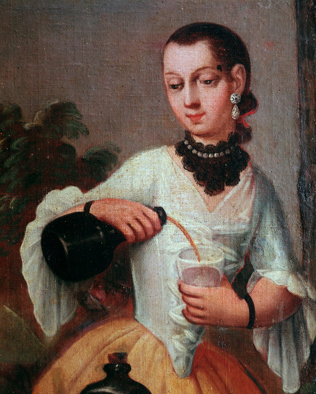 Lady kaataa viiniä lasiin (Lady kaataa viiniä lasiin) Näytön yksityiskohta, maalaus meksikolaisesta koulusta tekijältä Mexican School