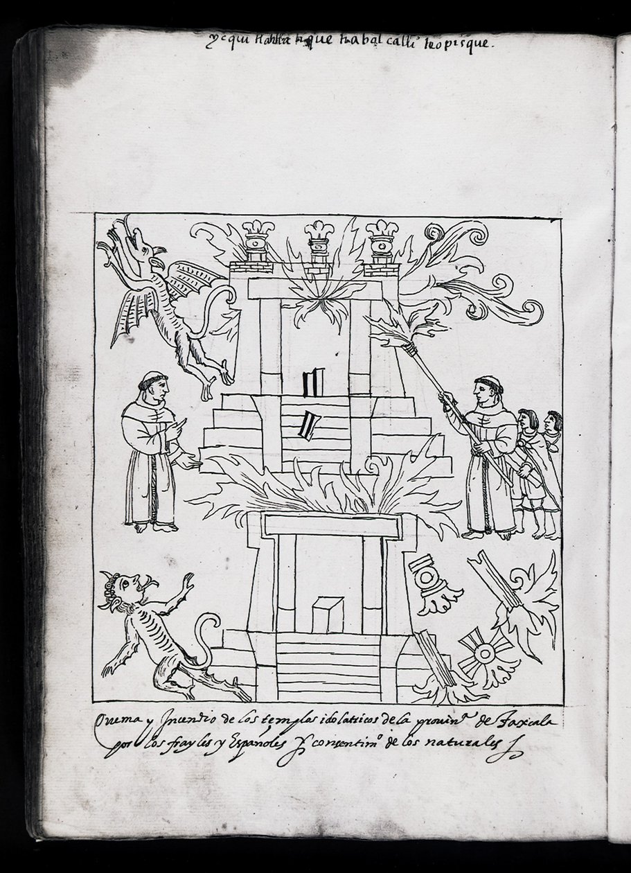 MS Hunter 242 f.240v The Burning of the Temples, Tlaxcala, kuvitus Diego Munoz Camargon "Historia de Tlaxcala" -teoksesta (kynä ja muste paperille) tekijältä Mexican School