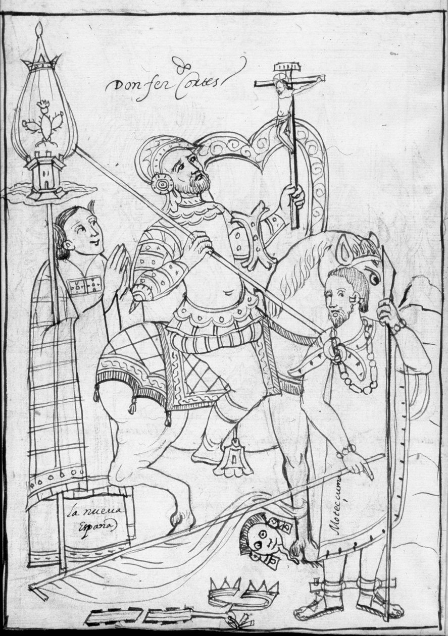 MS Hunter 242 f.246v, Cortes hevosen selässä seisomassa voitetun atsteekkien kuninkaan Moctezuman päällä, kuvitus Diego Munoz Camargon historiasta Tlaxcalasta tekijältä Mexican School