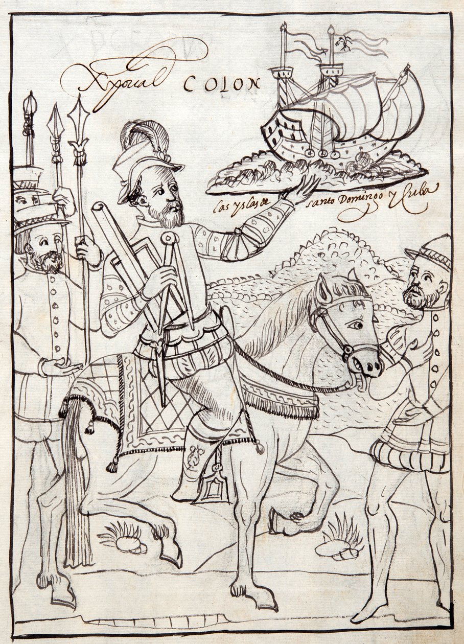 MS Hunter 242 f.247r Christopher Columbus, kuvitus Historia de Tlaxcalasta, kirjoittanut Diego Munoz Camargo tekijältä Mexican School