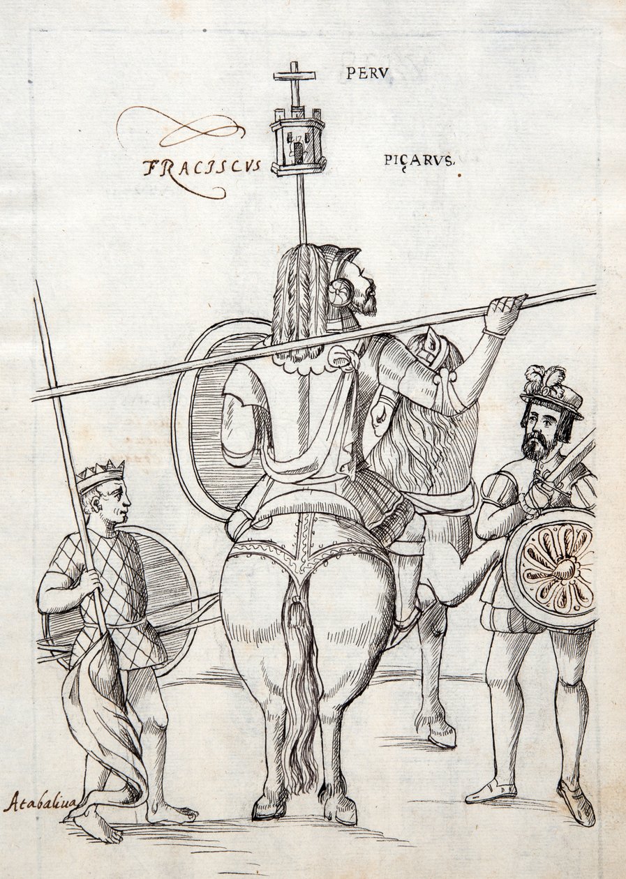 MS Hunter 242 f.248r Picarus eli Pizarro ja sotahevonen, kuvitus Historia de Tlaxcalasta, kirjoittanut Diego Munoz Camargo tekijältä Mexican School