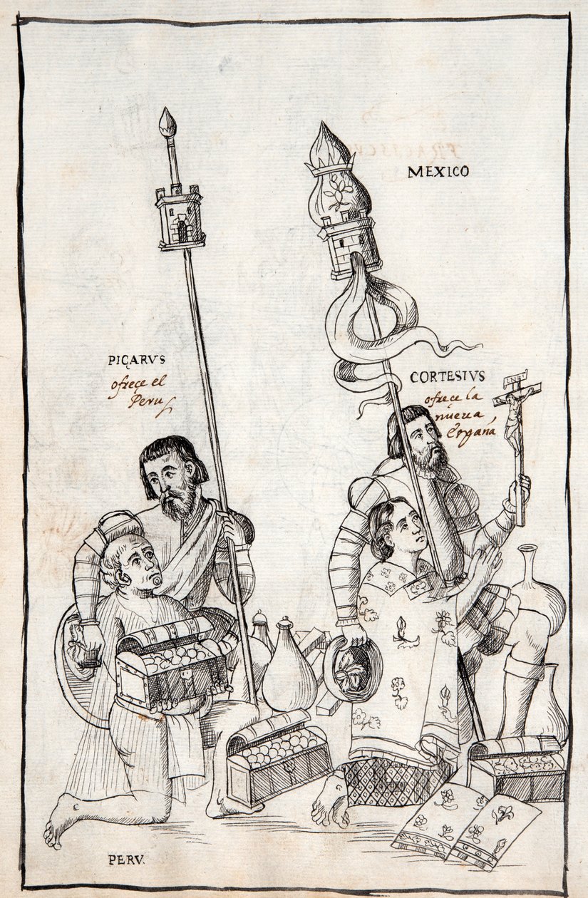 MS Hunter 242 f.248v Picarus (Pizarro) esittelee Perun ja Cortesius (Cortes) Nueva Espanan, kuvituksen Diego Munoz Camargon Historia de Tlaxcalasta tekijältä Mexican School