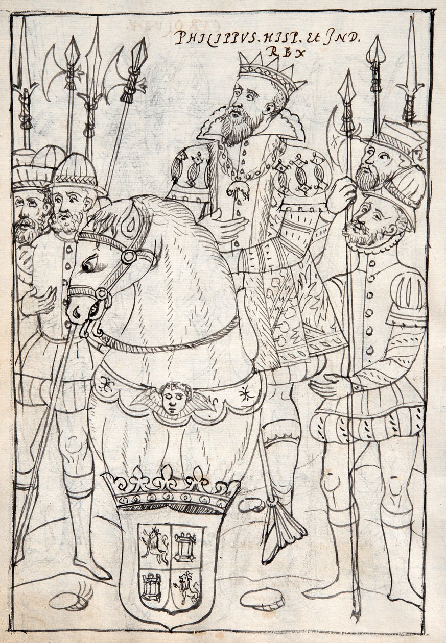 MS Hunter 242 f.249v Philip II istuu hevosen selässä, yllään Golden Fleece, asemiesten ympäröimänä, Diego Munoz Camargon kuvitus Historia de Tlaxcalasta (kynä ja muste tekijältä Mexican School