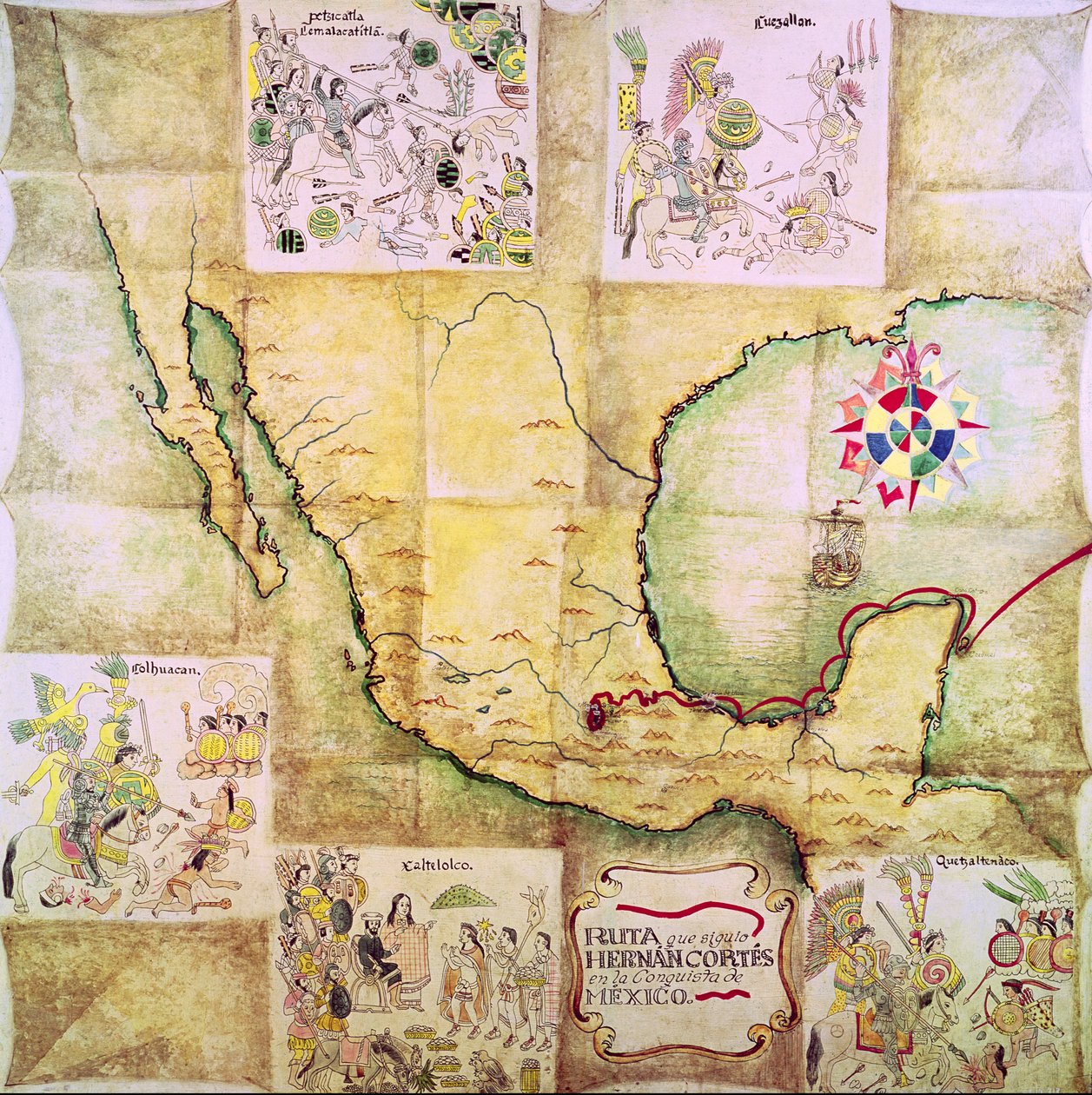 Kartta reitistä, jota seurasi Hernando Cortes (1485-1547) Meksikon valloituksen aikana tekijältä Mexican School