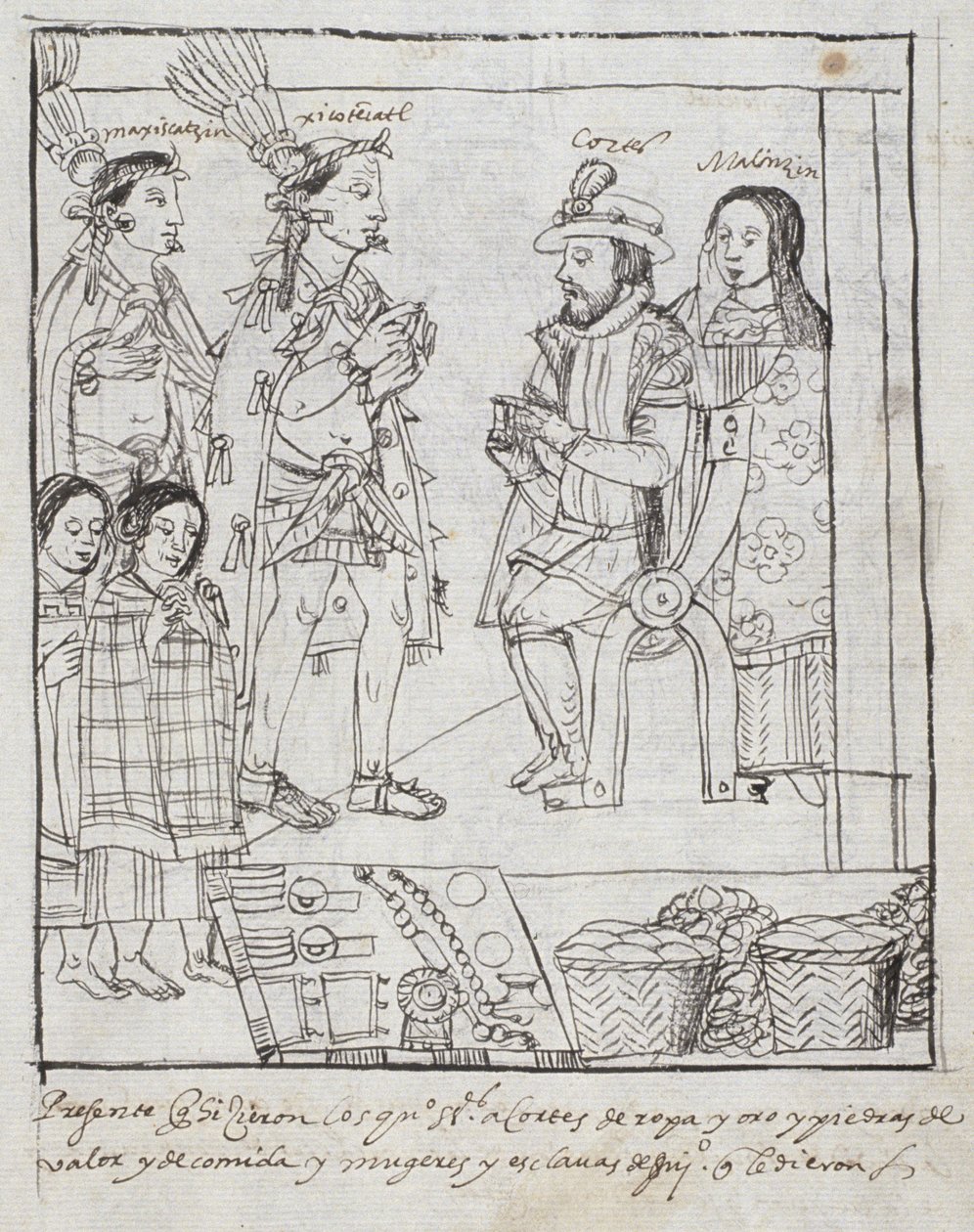Montezuma tapaa Cortez Ms Hunterin 242 f.255r Meksikon valloitus, Diego Munoz Camargon Historia de Tlaxcalasta tekijältä Mexican School