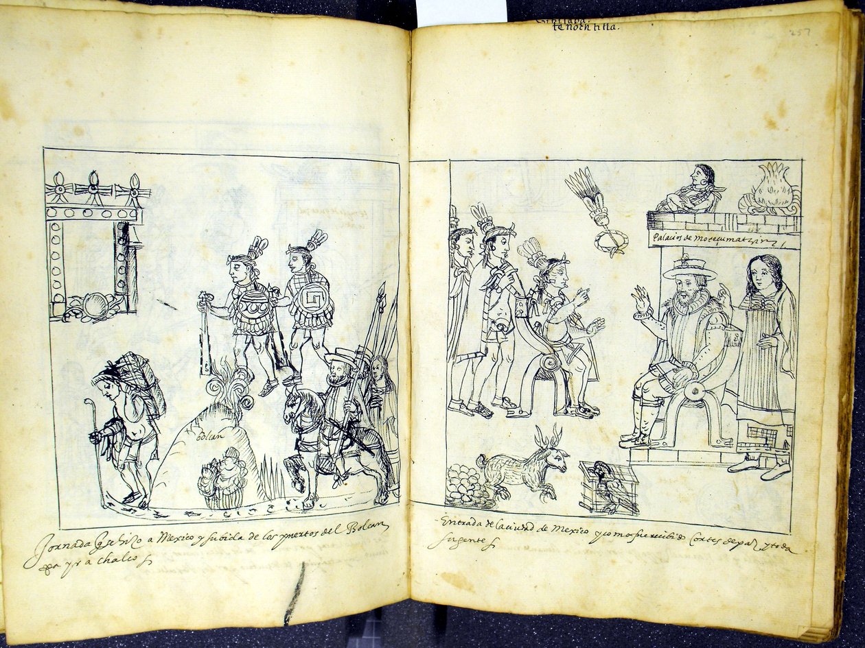 Ms Hunter 242 256v-257r Cortez ja Montezuma, Historia de Tlaxcala, kirjoittanut Diego Munoz Camargo tekijältä Mexican School