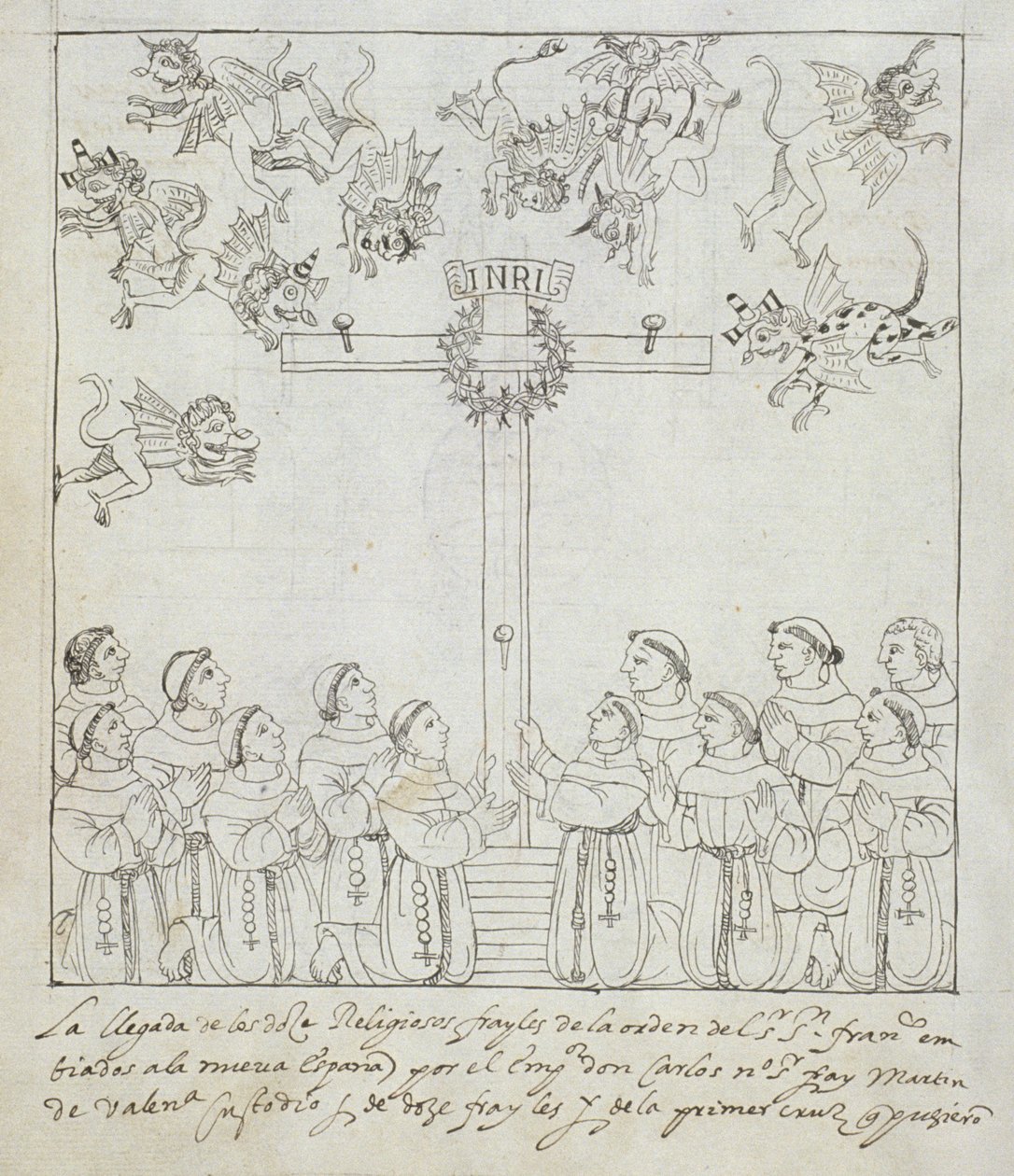 Ms Hunter 242 f.239v Ensimmäisen ristin pystyttäminen, Historia de Tlaxcala, kirjoittanut Diego Munoz Camargo tekijältä Mexican School