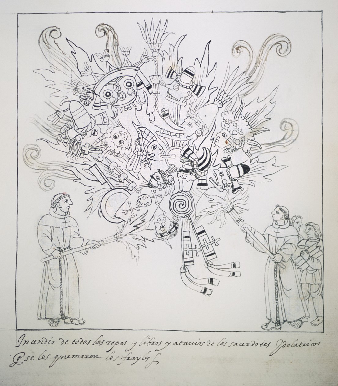Ms Hunter 242 f.242r Fransiskaaniveljet polttivat perinteisiä kirjoja ja vaatteita, Diego Munoz Camargo Historia de Tlaxcalasta tekijältä Mexican School