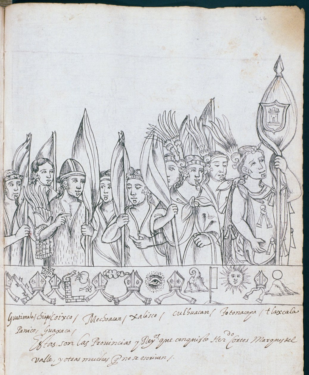 Ms Hunter 242 f.246r Meksikon provinssien edustajat Historia de Tlaxcalasta, kirjoittanut Diego Munoz Camargo tekijältä Mexican School