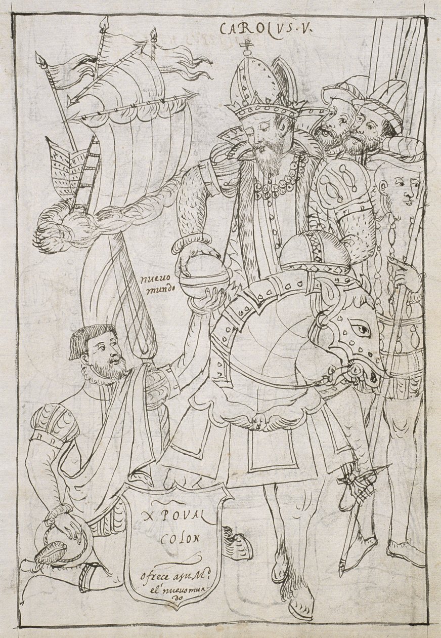 Ms Hunter 242 f.249r Christopher Columbus (1451-1506) tarjoaa symbolisesti uuden maailman Kaarle V:lle (1500-08), Diego Munoz Camargon Historia de Tlaxcalasta tekijältä Mexican School