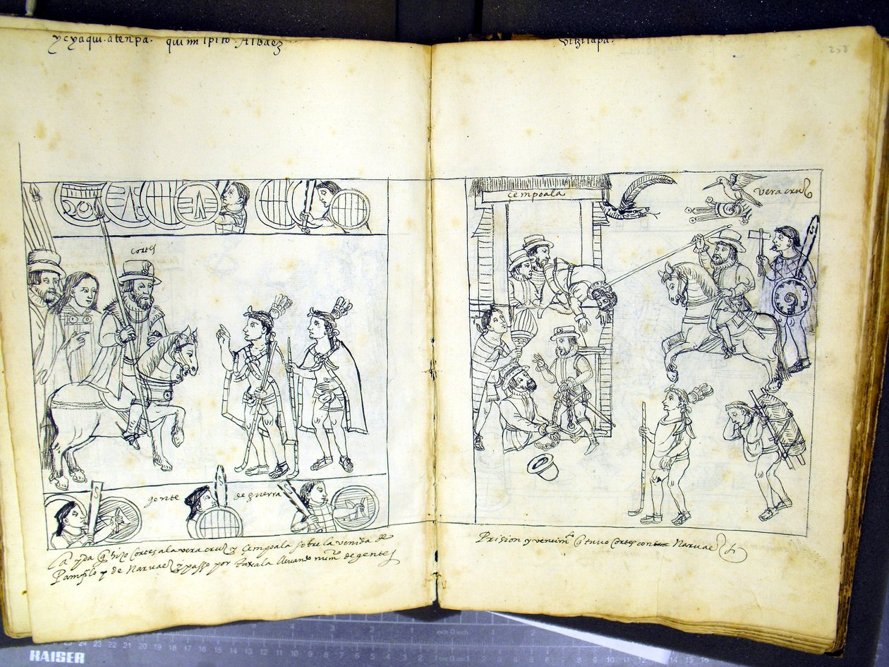 Ms Hunter 242 f.257v ja f.258r, Diego Munoz Camargon "Historia de Tlaxcala" (kynä ja muste paperille) tekijältä Mexican School