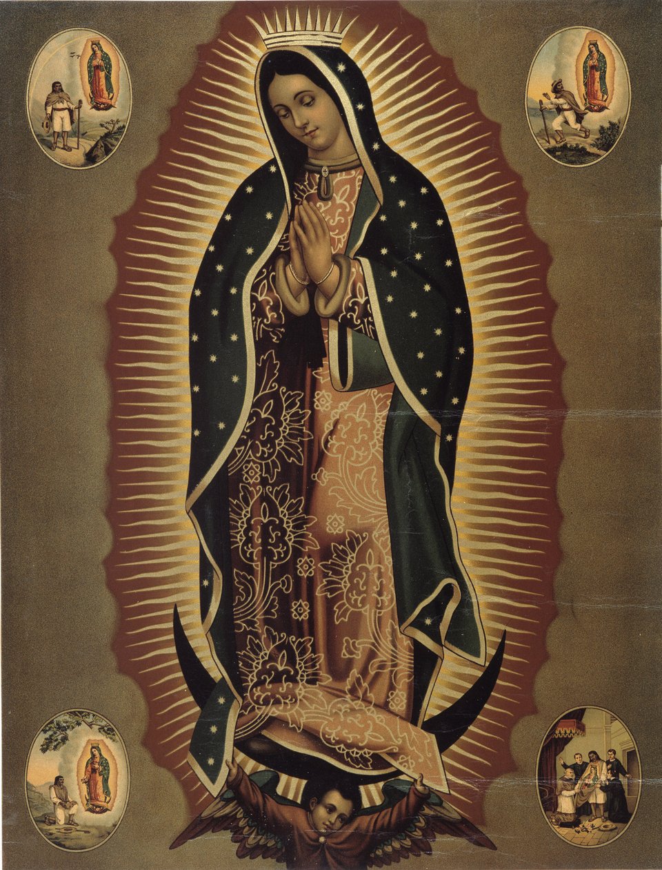 Guadalupen neitsyen, Meksikon suojeluspyhimyksen, 1900-luvun vedos. Himmeä. 51x39 cm Musee de la Vallee, Barcelonnette (Alpes de Haute provence) tekijältä Mexican School