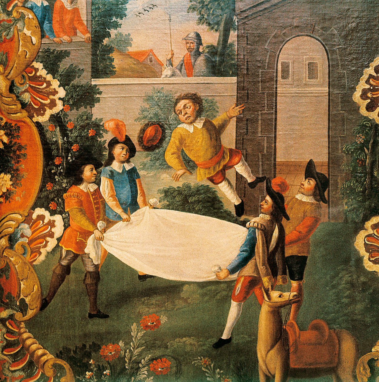 Kohtaus Miguel de Cervantesin (1547-1616) Don Quijoteesta Channel (El ingenioso Hidalgo Don Quijote de la Mancha) 1700-luku (maalaus) tekijältä Mexican School
