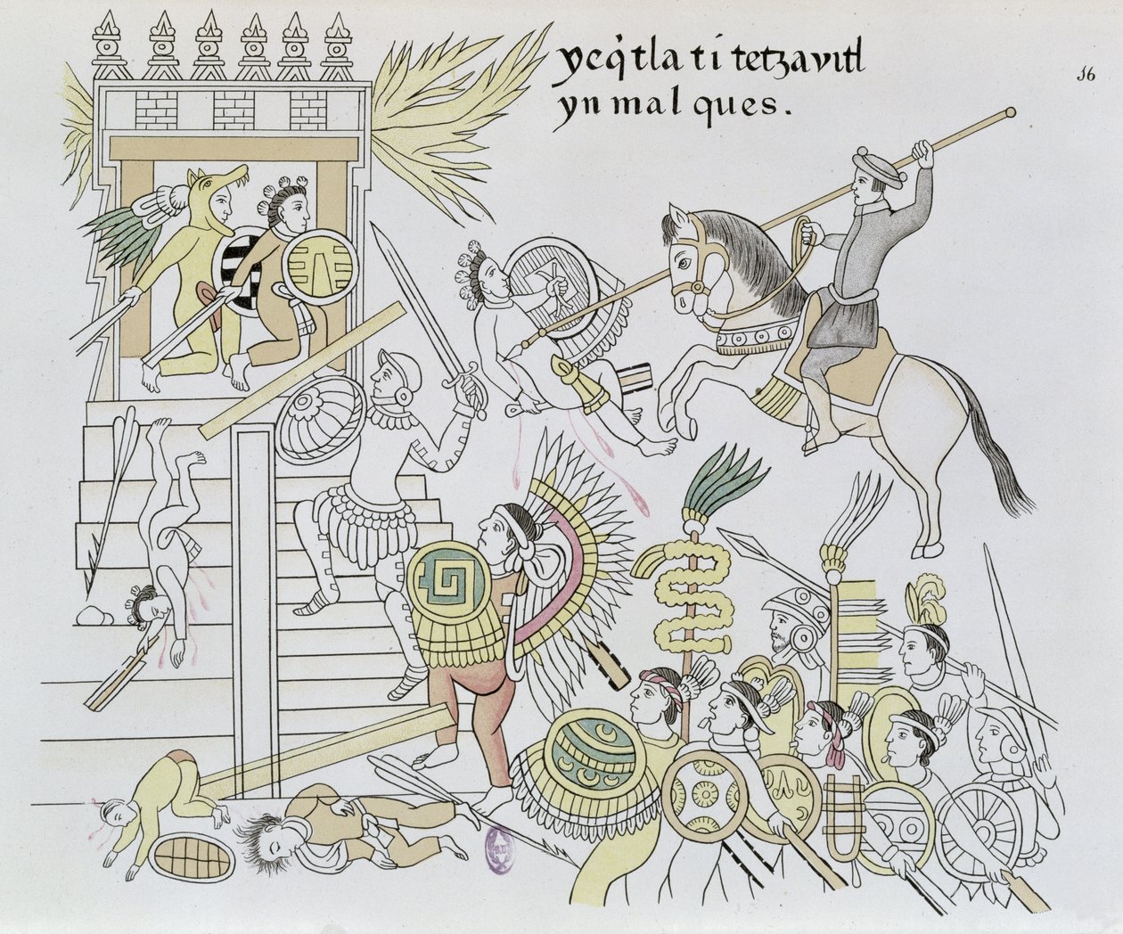 Hernan Cortesin The Burning of the Idols, kuvitus faksimilesta Meksikon intiaanien kuvahistoriasta Lienzo de Tlaxcala n. 1550, 1892 (värikaiverrus) tekijältä Mexican School