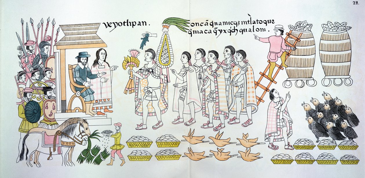 Tlaxcalan päällikkö Maxixcatzin antaa ruusukimppun ja muita lahjoja Hernando Cortesille (1485-1547) tervetulotoivotuksena, havainnollistaen meksikolaisen intiaanien kuvahistorian faksimileistä. tekijältä Mexican School