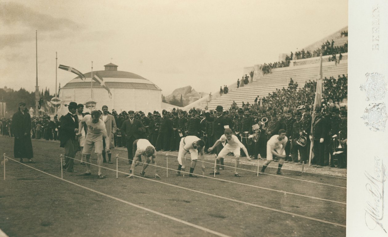 Olympialaiset, 1896; valmistautuminen 100 metrin kilpailuun tekijältä Meyer Albert