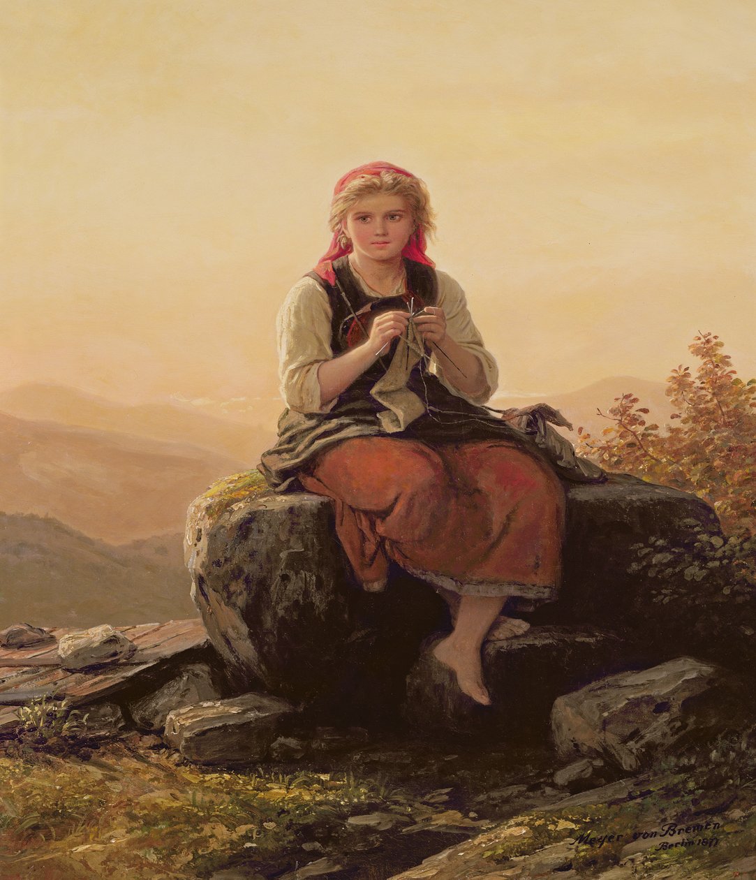 Nuori tyttö neulomassa, 19. vuosisata tekijältä Johann Georg Meyer von Bremen