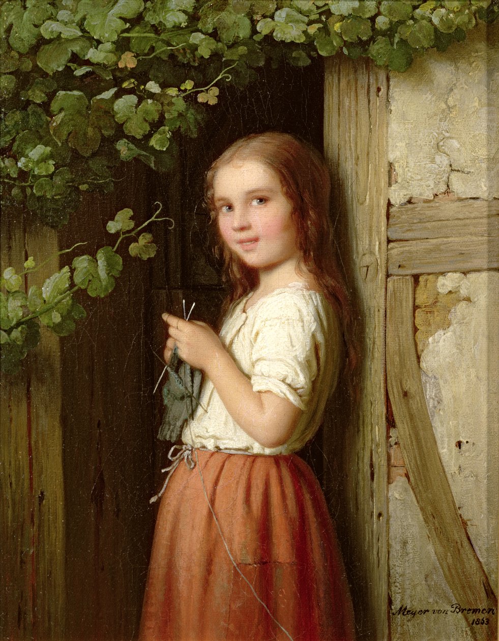Nuori tyttö seisoo ovella neulomassa, 1863 tekijältä Johann Georg Meyer von Bremen