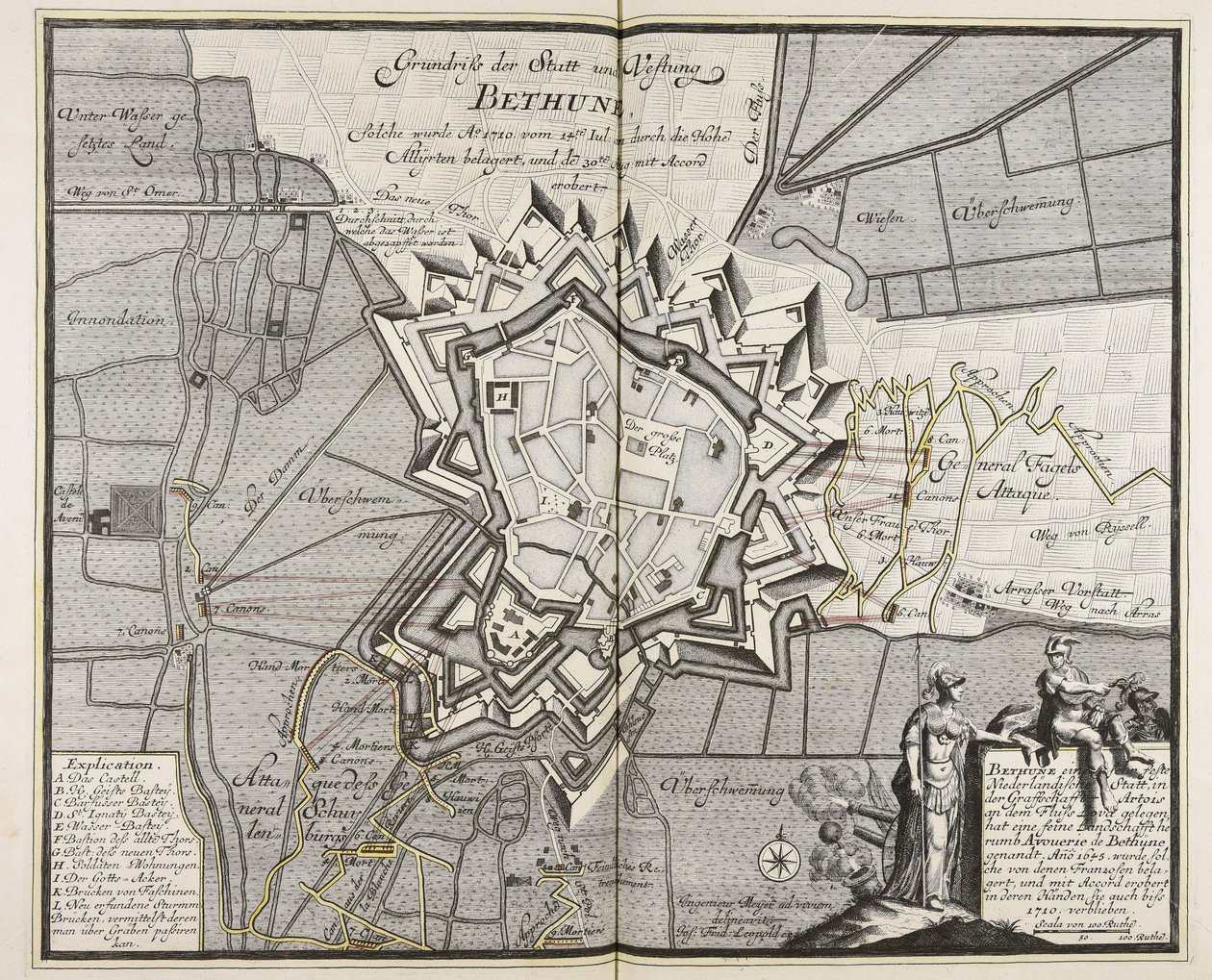 Pohjapiirros Bethunen kaupungista ja linnoituksesta, jota korkeat liittoutuneet piirittivät 14. heinäkuuta 1710 alkaen. Iul. korkeiden all¨yrten toimesta ja valloitettiin 30. elokuuta. Aug. kanssa Accord valloitettu / Engineer Meyer ad vivum delineavit. tekijältä Meyer