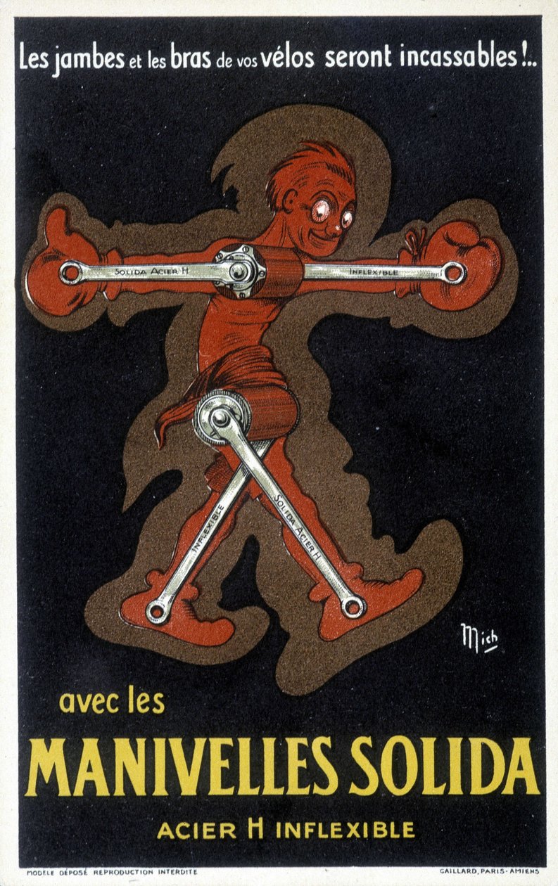 Kiinteästä teräksestä valmistettujen Velo-kampien mainos. Piirustus Mich (Michel Liebeaux tekijältä Mich