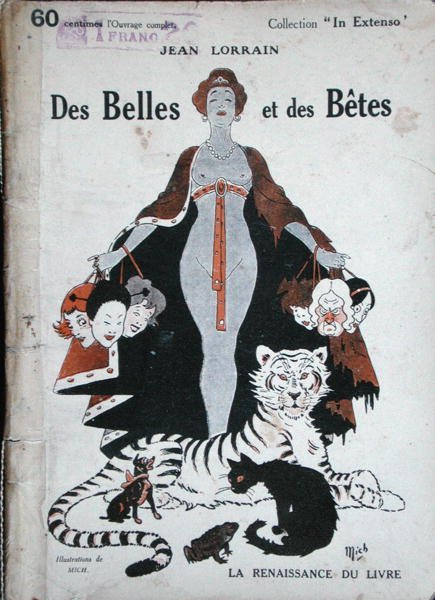 Kansi teokselle "Des Belles et des Betes", kirjoittanut Jean Lorrain (1855-1906) n. 1920 (värilitho) tekijältä Mich