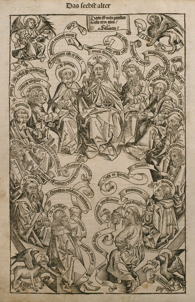 Jumala kirkkaudessa pyhien kanssa, kuvitus Hartmann Schedelin (1440-1514) Nürnbergissä 1493 julkaistusta Liber Chronicarum -kirjasta tekijältä Michael and Pleydenwurff, W. Wolgemuth