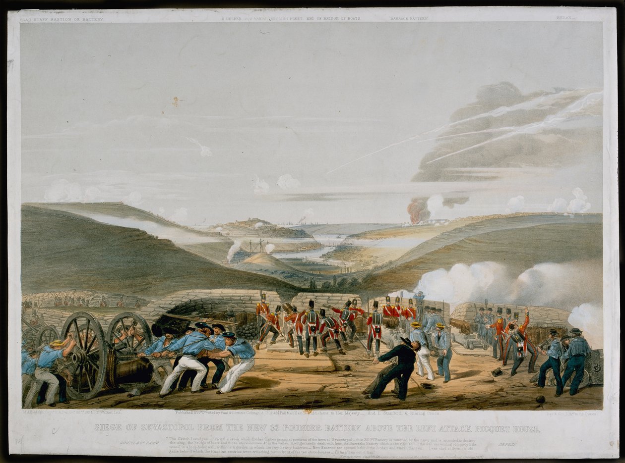Sevastopolin piiritys 32 pounderin patterista vasemman hyökkäyksen Picquet Housen yläpuolella, kaiverrettu Walkerin toimesta, julkaistu 1854. tekijältä Michael Biddulph