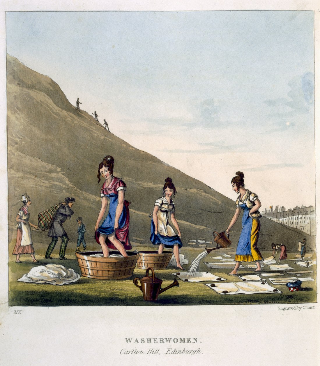 Washerwomen, Calton Hill, Edinburgh, teoksesta "Airy Nothings, or scraps and naughts and Odd-cum-shorts, Circumbendibus hop, step and jump, Olio Rigmaroll", kaiverrus George Hunt, julkaistu 1825 tekijältä Michael Egerton