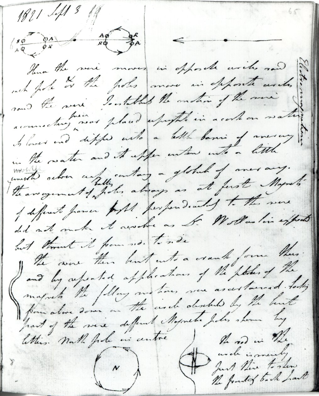 Sivu 73 Faradayn muistikirjasta, "Rotation of Current Experiment", 3. syyskuuta 1821 tekijältä Michael Faraday