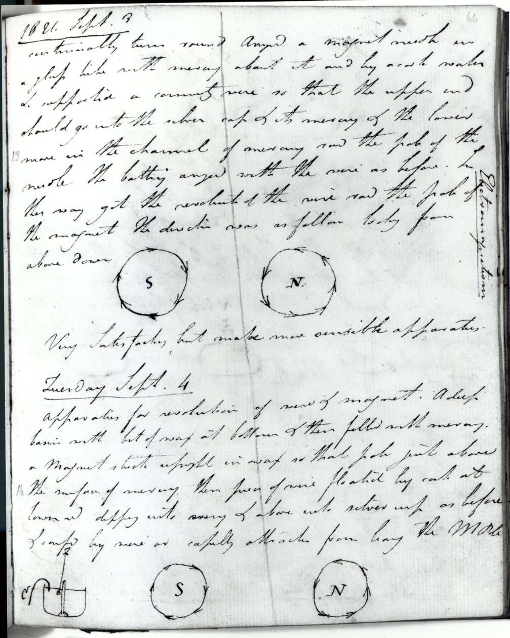 Sivu 75 Faradayn muistikirjasta, "Rotation of Current Experiment", 3. syyskuuta 1821 tekijältä Michael Faraday