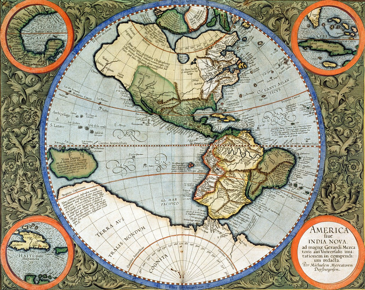 Amerikka tai Intia Nova, "Atlas-kosmografisia heijastuksia maailman luomisesta ja valmistamisesta", julkaistu 1595 tekijältä Michael Mercator