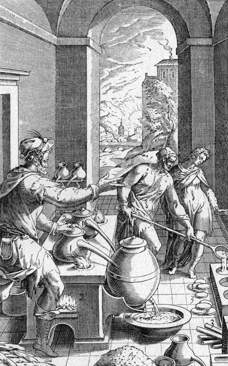 Alkemisti työpajassaan, kaiverrus Metallothecasta Michele Mercatin (1541-1593) pubissa. 1719 tekijältä Michael Mercator