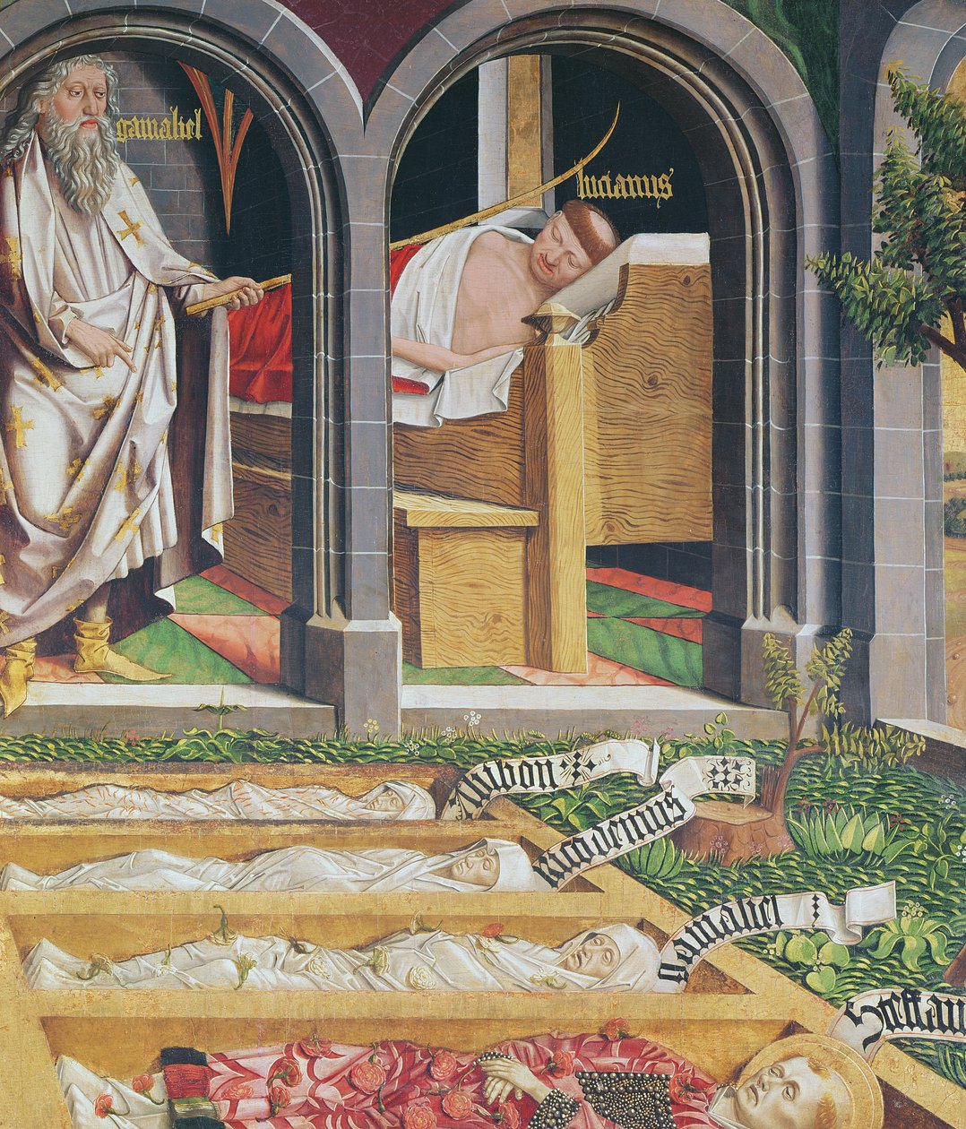 Gamalielin ilmestyminen pappi Lucienille, Pyhän Stefanuksen alttaritaulusta, noin 1470. tekijältä Michael Pacher