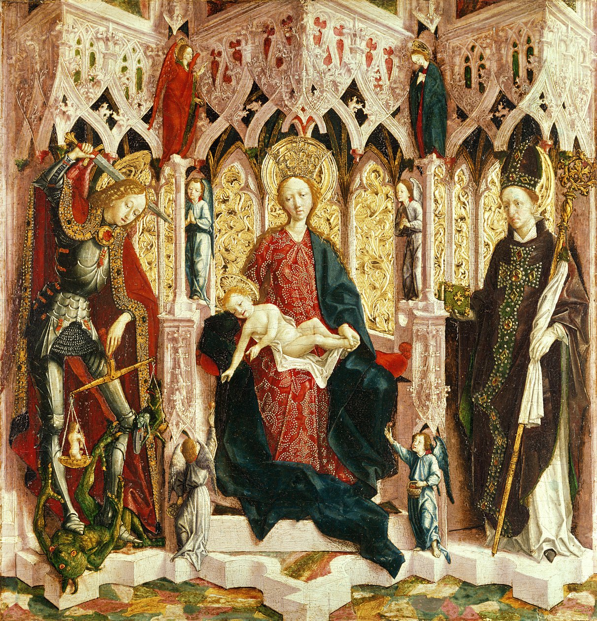 The Virgin and Child Enthroned, n. 1475 (öljy kuusella) tekijältä Michael Pacher