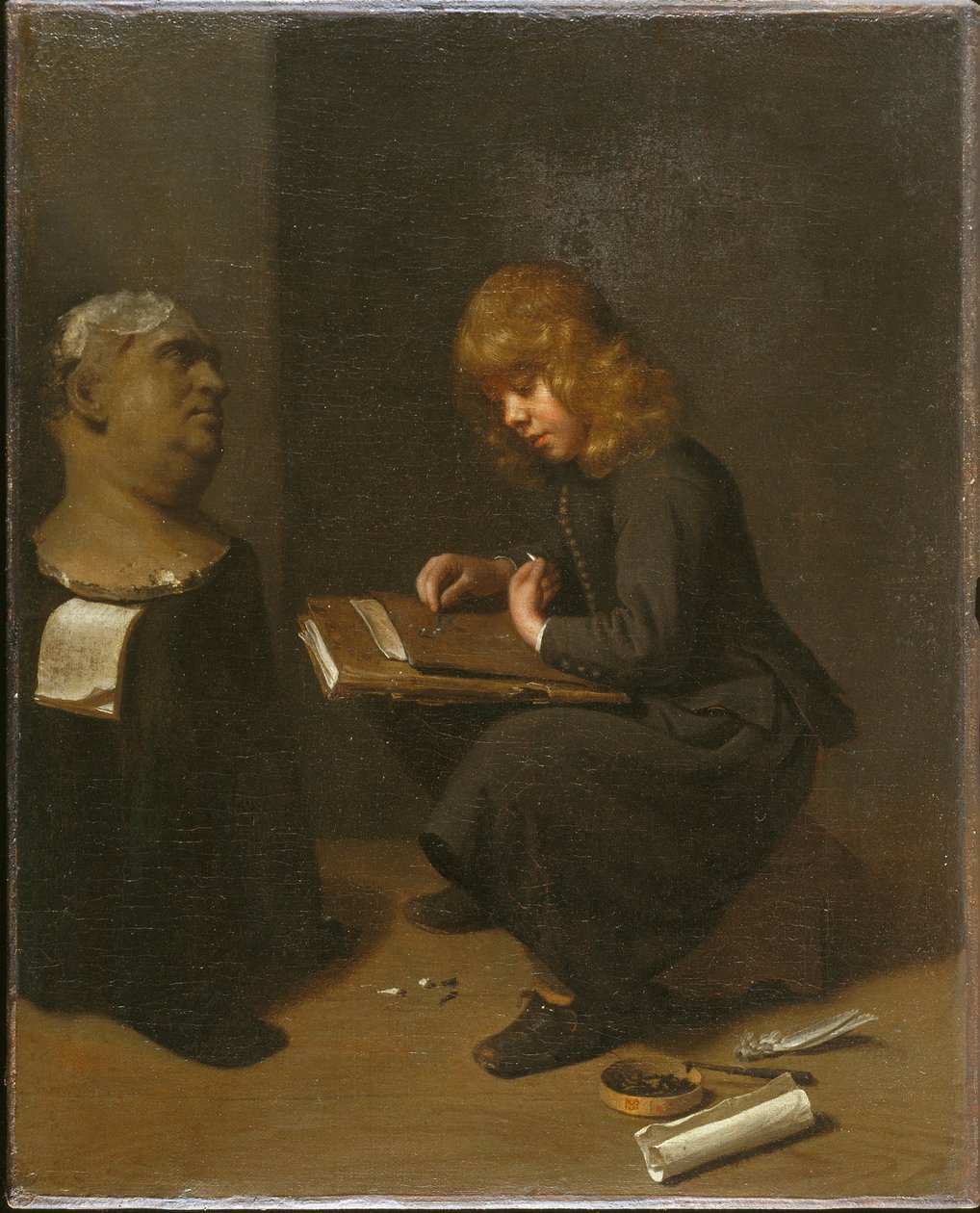 Poika piirtää roomalaisen keisarin rintakuvan edessä, noin 1661. tekijältä Michael Sweerts