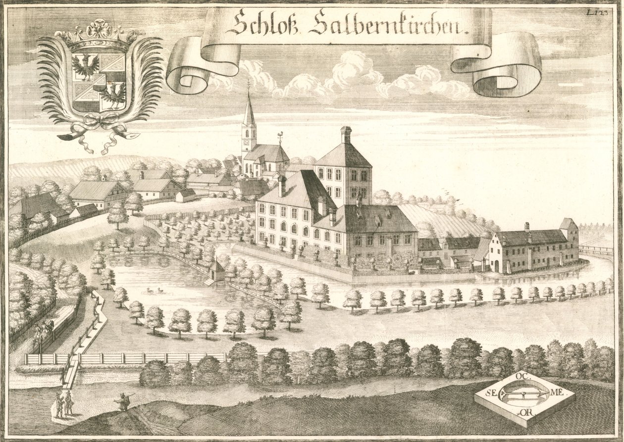 Ansicht des Schlosses von Salmanskirchen bei Ampfing, Bayern, maa. Stich von Michael Wening tekijältä Michael Wening