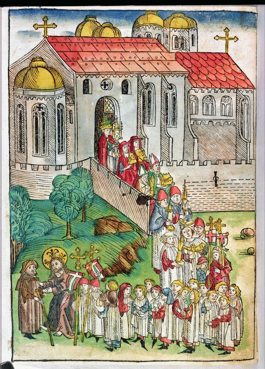 Santiago de Compostelan pyhiinvaeltaja ja kulkue, 1491 (värillinen puupiirros) tekijältä Michael Wolgemut