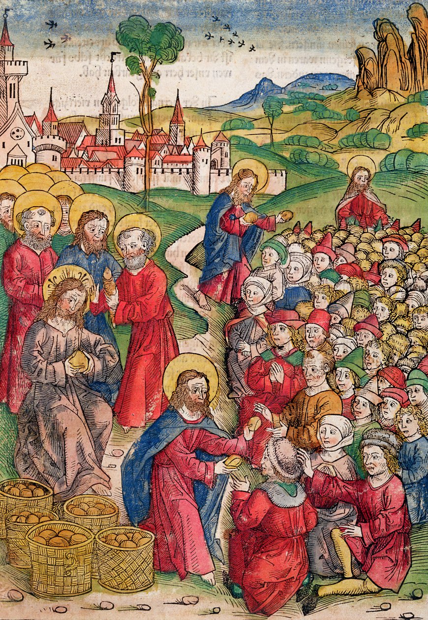 Leipien ja kalojen kertominen, 1491 (värillinen puupiirros) tekijältä Michael Wolgemut