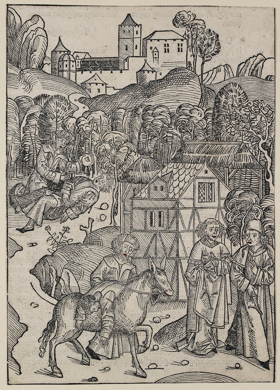 Laupias samarialainen vertauksen toinen osa, n. 1491 (puupiirros, ylityöstetty punaisella vesivärillä, verso kohopaino) tekijältä Michael Wolgemut
