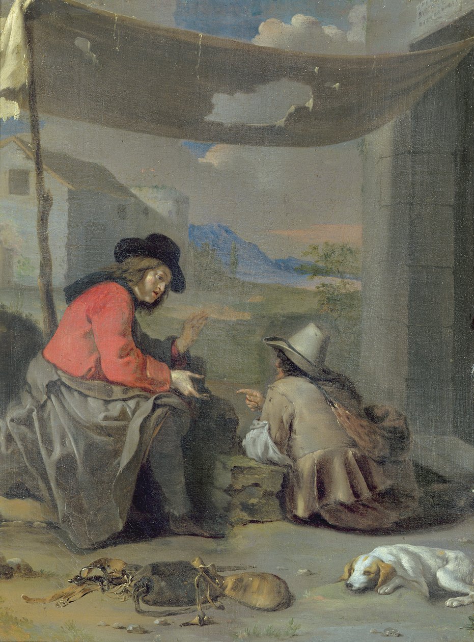 Kaksi hahmoa istuu koiran kanssa (öljyä aluksella) tekijältä Michael (attr. to) Sweerts