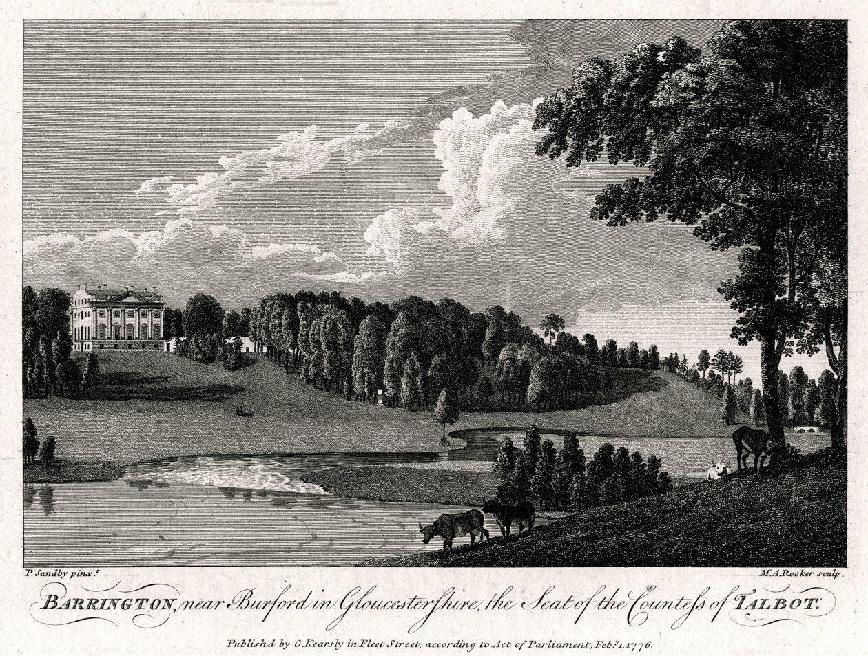 Barrington, lähellä Burfordia Gloucestershiressä, Talbotin kreivitärten kotipaikka, 1776 tekijältä Michael Angelo Rooker